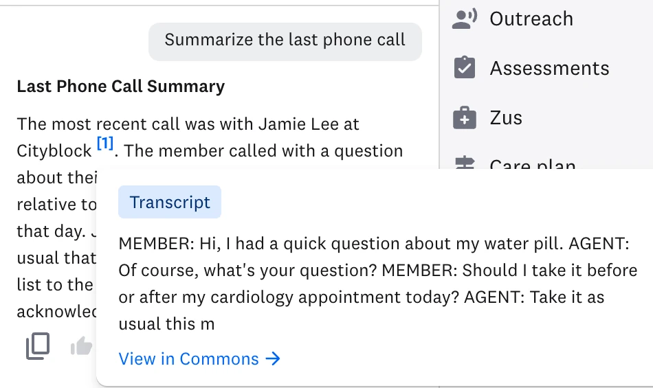 A chat source marker opened to the verbatim exchange, with a link to its record