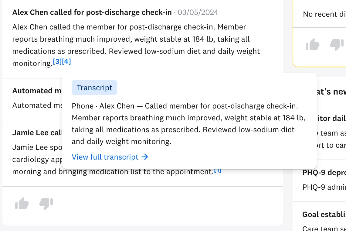 A profile widget claim opened to the original call note, with a link to the full transcript