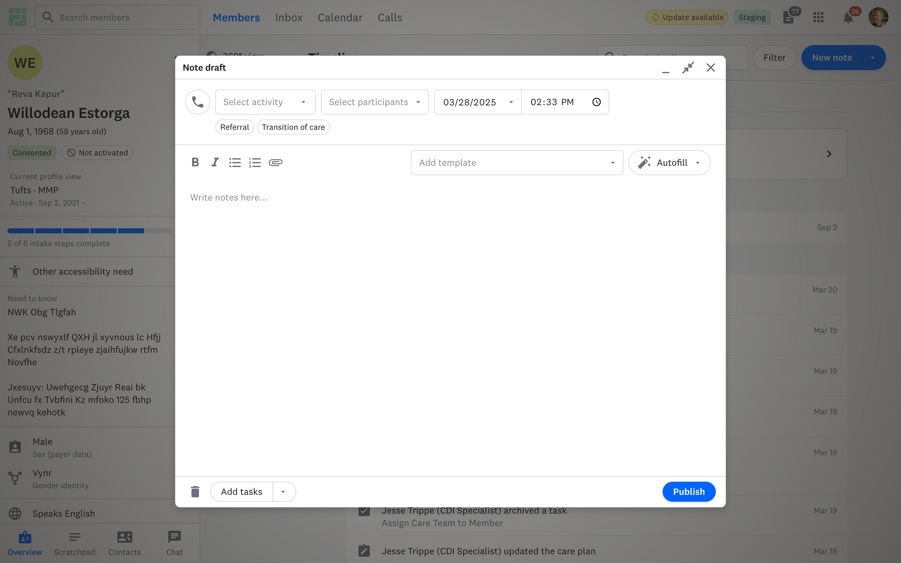 The expanded note editor over the dimmed Timeline